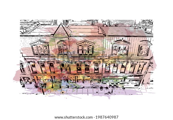 Building view with landmark of Frankfort is the\
\
city in Michigan. Watercolor splash with hand drawn sketch\
illustration in\
vector.