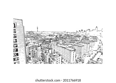 Building view with landmark of Frankfurt is the 
city in Germany. Hand drawn sketch illustration in  vector.