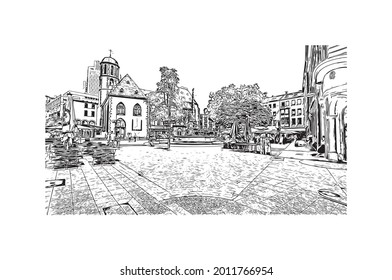Building view with landmark of Frankfurt is the 
city in Germany. Hand drawn sketch illustration in  vector.