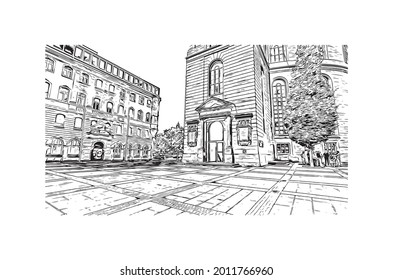 Building view with landmark of Frankfurt is the 
city in Germany. Hand drawn sketch illustration in  vector.