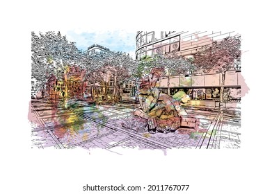 Building view with landmark of Frankfurt is the 
city in Germany. Watercolor splash with hand drawn sketch illustration in  vector.