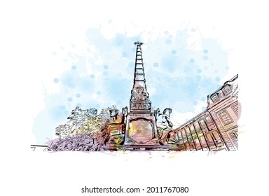 Building view with landmark of Frankfurt is the 
city in Germany. Watercolor splash with hand drawn sketch illustration in  vector.