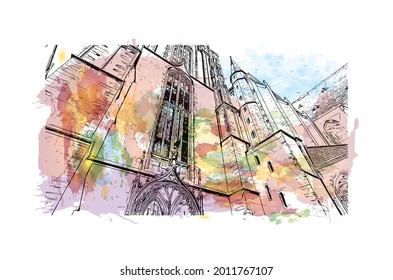 Building view with landmark of Frankfurt is the 
city in Germany. Watercolor splash with hand drawn sketch illustration in  vector.