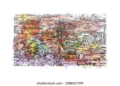 Building view with landmark of Freiburg is the 
city in Germany. Watercolor splash with hand drawn sketch illustration in vector.