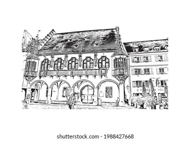 Building view with landmark of Freiburg is the 
city in Germany. Hand drawn sketch illustration in vector.