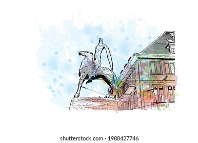 Building view with landmark of Freiburg is the 
city in Germany. Watercolor splash with hand drawn sketch illustration in vector.