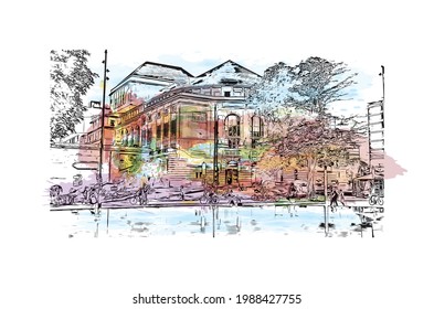 Building view with landmark of Freiburg is the 
city in Germany. Watercolor splash with hand drawn sketch illustration in vector.