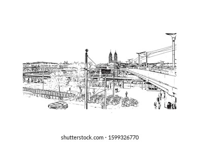 Building view with landmark of Freiburg im Breisgau, a vibrant university city in southwest Germany. Hand drawn sketch illustration in vector.