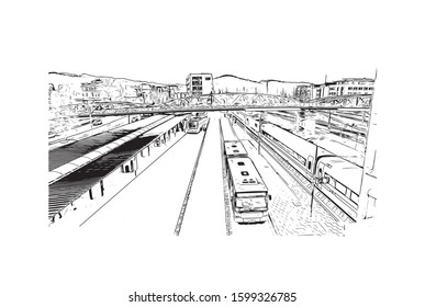 Building view with landmark of Freiburg im Breisgau, a vibrant university city in southwest Germany. Hand drawn sketch illustration in vector.