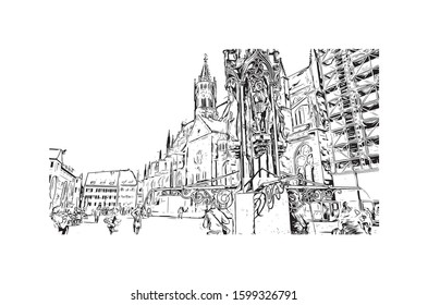 Building view with landmark of Freiburg im Breisgau, a vibrant university city in southwest Germany. Hand drawn sketch illustration in vector.