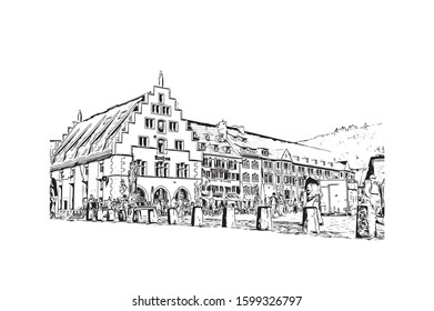 Building view with landmark of Freiburg im Breisgau, a vibrant university city in southwest Germany. Hand drawn sketch illustration in vector.