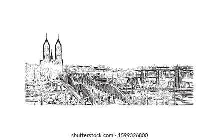 Building view with landmark of Freiburg im Breisgau, a vibrant university city in southwest Germany. Hand drawn sketch illustration in vector.