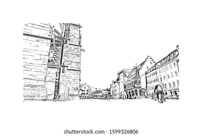 Building view with landmark of Freiburg im Breisgau, a vibrant university city in southwest Germany. Hand drawn sketch illustration in vector.