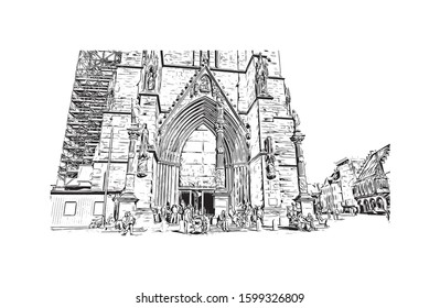 Building view with landmark of Freiburg im Breisgau, a vibrant university city in southwest Germany. Hand drawn sketch illustration in vector.
