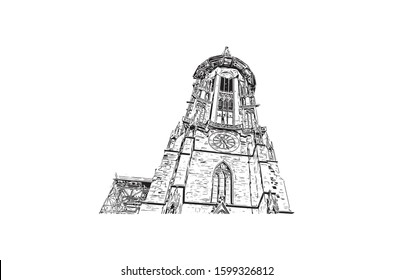 Building view with landmark of Freiburg im Breisgau, a vibrant university city in southwest Germany. Hand drawn sketch illustration in vector.