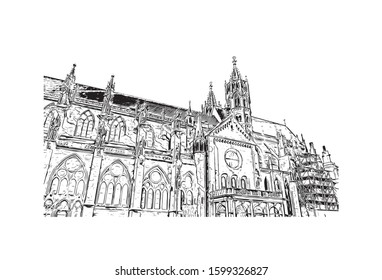 Building view with landmark of Freiburg im Breisgau, a vibrant university city in southwest Germany. Hand drawn sketch illustration in vector.