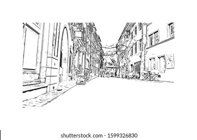 Building view with landmark of Freiburg im Breisgau, a vibrant university city in southwest Germany. Hand drawn sketch illustration in vector.