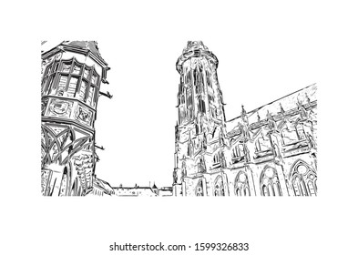 Building view with landmark of Freiburg im Breisgau, a vibrant university city in southwest Germany. Hand drawn sketch illustration in vector.