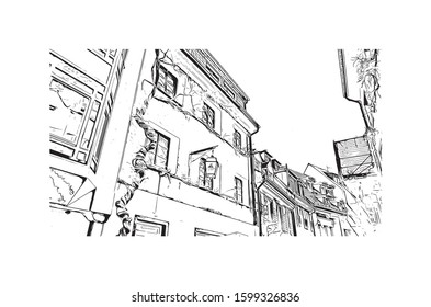 Building view with landmark of Freiburg im Breisgau, a vibrant university city in southwest Germany. Hand drawn sketch illustration in vector.