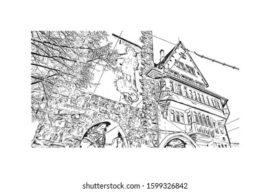 Building view with landmark of Freiburg im Breisgau, a vibrant university city in southwest Germany. Hand drawn sketch illustration in vector.