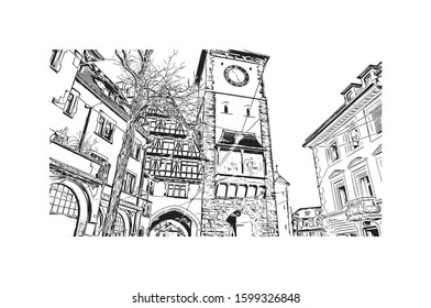 Building view with landmark of Freiburg im Breisgau, a vibrant university city in southwest Germany. Hand drawn sketch illustration in vector.