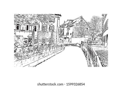 Building view with landmark of Freiburg im Breisgau, a vibrant university city in southwest Germany. Hand drawn sketch illustration in vector.