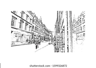 Building view with landmark of Freiburg im Breisgau, a vibrant university city in southwest Germany. Hand drawn sketch illustration in vector.