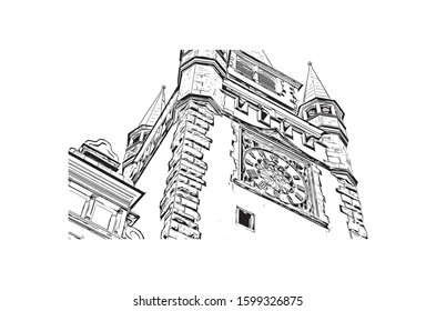 Building view with landmark of Freiburg im Breisgau, a vibrant university city in southwest Germany. Hand drawn sketch illustration in vector.