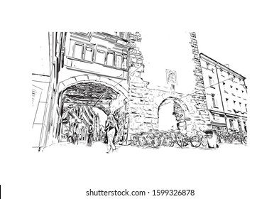 Building view with landmark of Freiburg im Breisgau, a vibrant university city in southwest Germany. Hand drawn sketch illustration in vector.