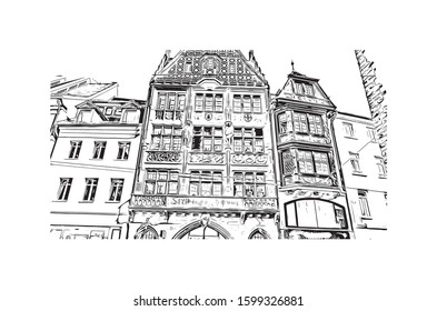 Building view with landmark of Freiburg im Breisgau, a vibrant university city in southwest Germany. Hand drawn sketch illustration in vector.