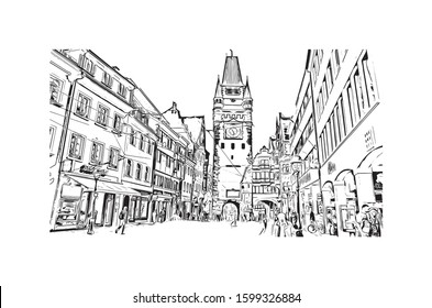 Building view with landmark of Freiburg im Breisgau, a vibrant university city in southwest Germany. Hand drawn sketch illustration in vector.