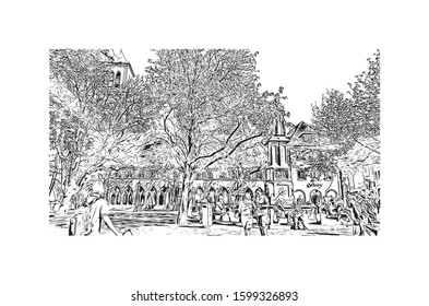 Building view with landmark of Freiburg im Breisgau, a vibrant university city in southwest Germany. Hand drawn sketch illustration in vector.