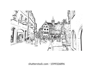 Building view with landmark of Freiburg im Breisgau, a vibrant university city in southwest Germany. Hand drawn sketch illustration in vector.