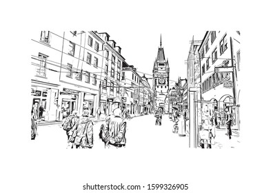 Building view with landmark of Freiburg im Breisgau, a vibrant university city in southwest Germany. Hand drawn sketch illustration in vector.