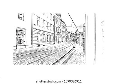 Building view with landmark of Freiburg im Breisgau, a vibrant university city in southwest Germany. Hand drawn sketch illustration in vector.