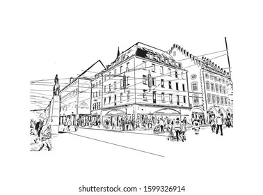 Building view with landmark of Freiburg im Breisgau, a vibrant university city in southwest Germany. Hand drawn sketch illustration in vector.