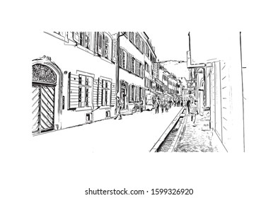 Building view with landmark of Freiburg im Breisgau, a vibrant university city in southwest Germany. Hand drawn sketch illustration in vector.