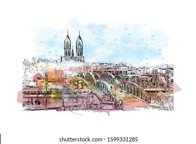 Building view with landmark of Freiburg im Breisgau, a vibrant university city in southwest Germany. Watercolor splash with Hand drawn sketch illustration in vector.