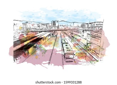 Building view with landmark of Freiburg im Breisgau, a vibrant university city in southwest Germany. Watercolor splash with Hand drawn sketch illustration in vector.