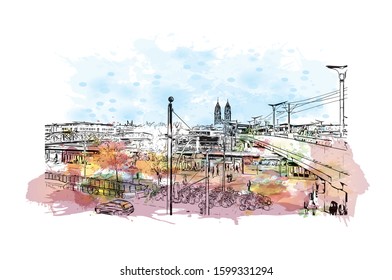 Building view with landmark of Freiburg im Breisgau, a vibrant university city in southwest Germany. Watercolor splash with Hand drawn sketch illustration in vector.
