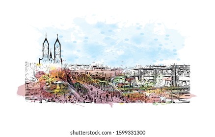 Building view with landmark of Freiburg im Breisgau, a vibrant university city in southwest Germany. Watercolor splash with Hand drawn sketch illustration in vector.