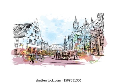 Building view with landmark of Freiburg im Breisgau, a vibrant university city in southwest Germany. Watercolor splash with Hand drawn sketch illustration in vector.