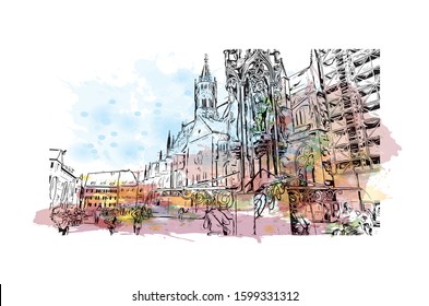 Building view with landmark of Freiburg im Breisgau, a vibrant university city in southwest Germany. Watercolor splash with Hand drawn sketch illustration in vector.