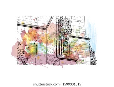 Building view with landmark of Freiburg im Breisgau, a vibrant university city in southwest Germany. Watercolor splash with Hand drawn sketch illustration in vector.