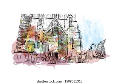 Building view with landmark of Freiburg im Breisgau, a vibrant university city in southwest Germany. Watercolor splash with Hand drawn sketch illustration in vector.