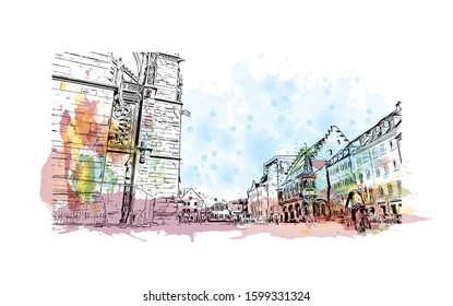 Building view with landmark of Freiburg im Breisgau, a vibrant university city in southwest Germany. Watercolor splash with Hand drawn sketch illustration in vector.