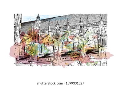Building view with landmark of Freiburg im Breisgau, a vibrant university city in southwest Germany. Watercolor splash with Hand drawn sketch illustration in vector.