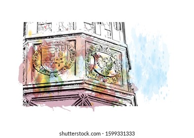 Building view with landmark of Freiburg im Breisgau, a vibrant university city in southwest Germany. Watercolor splash with Hand drawn sketch illustration in vector.