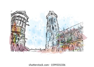 Building view with landmark of Freiburg im Breisgau, a vibrant university city in southwest Germany. Watercolor splash with Hand drawn sketch illustration in vector.