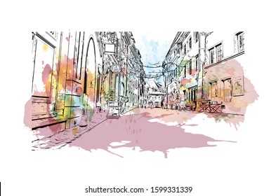 Building view with landmark of Freiburg im Breisgau, a vibrant university city in southwest Germany. Watercolor splash with Hand drawn sketch illustration in vector.